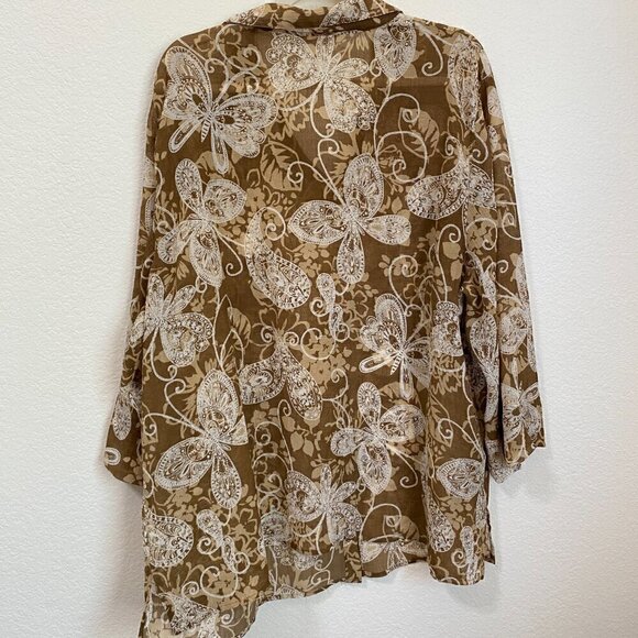 Alfred Dunner Women's Sheer Brown Cream Butterfly Floral Button Front Blouse - Picture 6 of 10